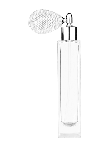 Sleek design 100 ml, 3 1/2oz  clear glass bottle  with white vintage style bulb sprayer with shiny silver collar cap.