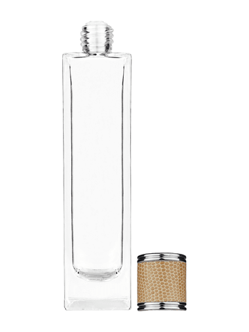 Sleek design 100 ml, 3 1/2oz  clear glass bottle  with reducer and light brown faux leather cap.
