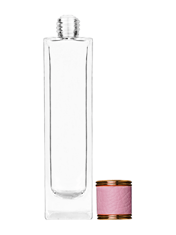 Sleek design 100 ml, 3 1/2oz  clear glass bottle  with reducer and pink faux leather cap.