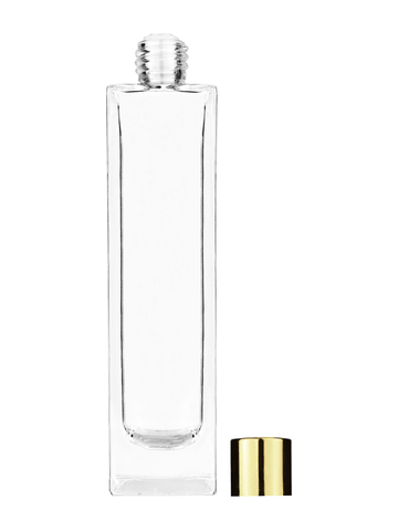 Sleek design 100 ml, 3 1/2oz  clear glass bottle  with reducer and shiny gold cap.