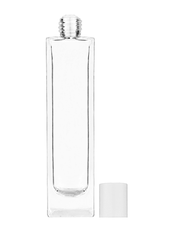 Sleek design 100 ml, 3 1/2oz  clear glass bottle  with reducer and white cap.