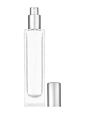 Sleek design 100 ml, 3 1/2oz  clear glass bottle  with matte silver spray pump.