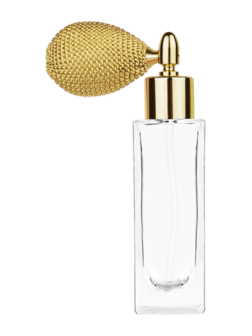 Sleek design 30 ml, 1oz  clear glass bottle  with gold vintage style sprayer with shiny gold collar cap.