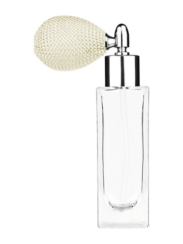 Sleek design 30 ml, 1oz  clear glass bottle  with ivory vintage style bulb sprayer with shiny silver collar cap.