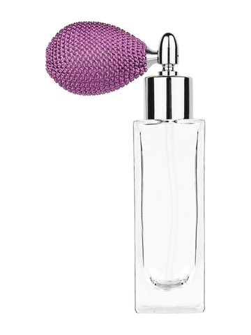 Sleek design 30 ml, 1oz  clear glass bottle  with lavender vintage style bulb sprayer with shiny silver collar cap.