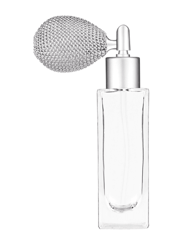 Sleek design 30 ml, 1oz  clear glass bottle  with matte silver vintage style sprayer with matte silver collar cap.