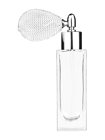 Sleek design 30 ml, 1oz  clear glass bottle  with white vintage style bulb sprayer with shiny silver collar cap.