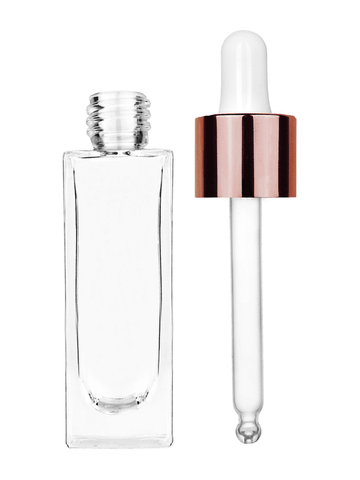 Sleek design 30 ml, 1oz  clear glass bottle  with white dropper with shiny copper collar cap.