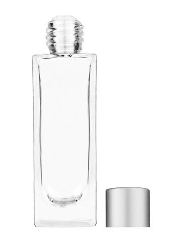 Sleek design 30 ml, 1oz  clear glass bottle  with reducer and silver matte cap.