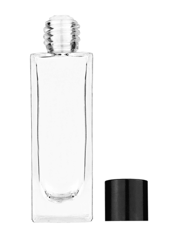 Sleek design 30 ml, 1oz  clear glass bottle  with reducer and black shiny cap.