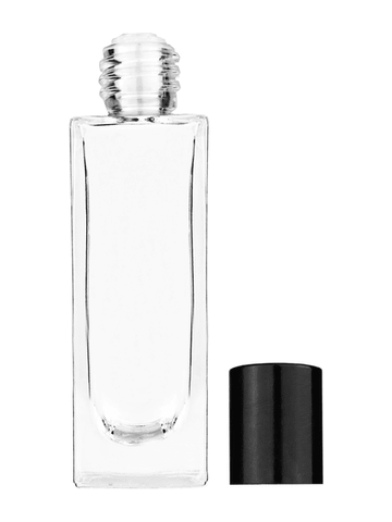 Sleek design 30 ml, 1oz  clear glass bottle  with reducer and tall black shiny cap.