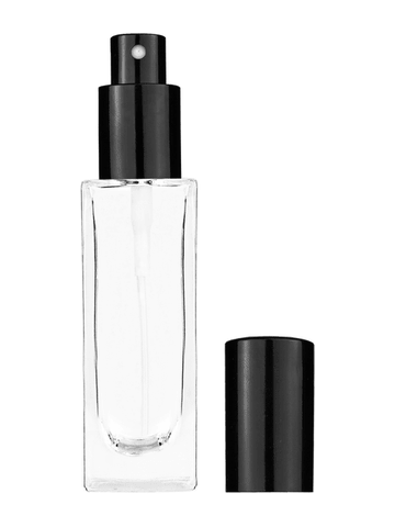 Sleek design 30 ml, 1oz  clear glass bottle  with shiny black spray pump.