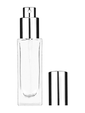 Sleek design 30 ml, 1oz  clear glass bottle  with shiny silver spray pump.