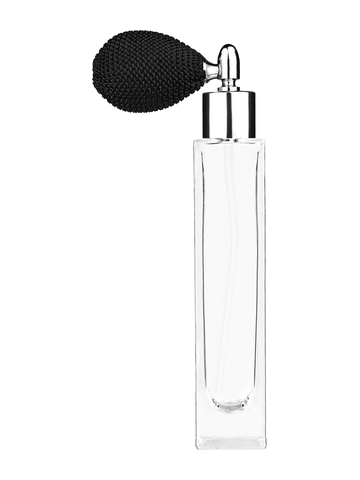 Sleek design 50 ml, 1.7oz  clear glass bottle  with black vintage style bulb sprayer with shiny silver collar cap.