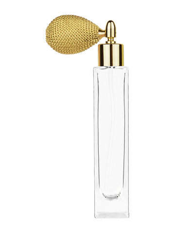 Sleek design 50 ml, 1.7oz  clear glass bottle  with gold vintage style sprayer with shiny gold collar cap.