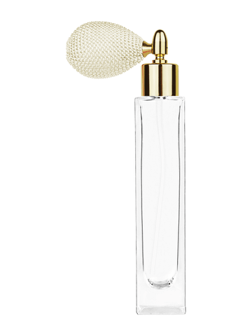 Sleek design 50 ml, 1.7oz  clear glass bottle  with ivory vintage style bulb sprayer with shiny gold collar cap.