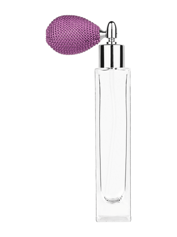 Sleek design 50 ml, 1.7oz  clear glass bottle  with lavender vintage style bulb sprayer with shiny silver collar cap.