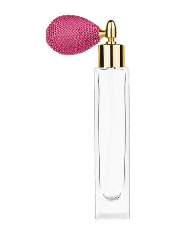 Sleek design 50 ml, 1.7oz  clear glass bottle  with pink vintage style bulb sprayer with shiny gold collar cap.