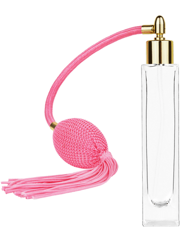 Sleek design 50 ml, 1.7oz  clear glass bottle  with Pink vintage style bulb sprayer with tassel and shiny gold collar cap.