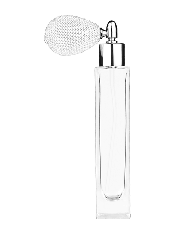Sleek design 50 ml, 1.7oz  clear glass bottle  with white vintage style bulb sprayer with shiny silver collar cap.