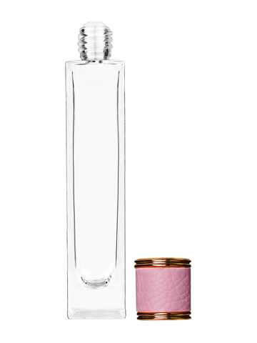 Sleek design 50 ml, 1.7oz  clear glass bottle  with reducer and pink faux leather cap.