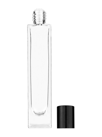Sleek design 50 ml, 1.7oz  clear glass bottle  with reducer and tall black shiny cap.