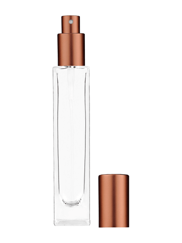 Sleek design 50 ml, 1.7oz  clear glass bottle  with matte copper spray pump.