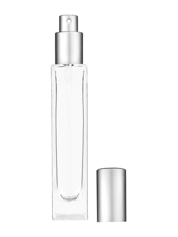 Sleek design 50 ml, 1.7oz  clear glass bottle  with matte silver spray pump.
