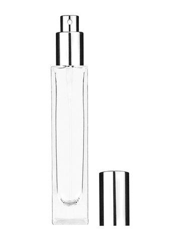 Sleek design 50 ml, 1.7oz  clear glass bottle  with shiny silver spray pump.