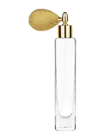 Slim design 100 ml, 3 1/2oz  clear glass bottle  with gold vintage style sprayer with shiny gold collar cap.