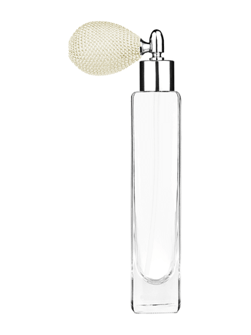 Slim design 100 ml, 3 1/2oz  clear glass bottle  with ivory vintage style bulb sprayer with shiny silver collar cap.