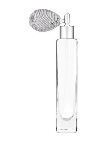 Slim design 100 ml, 3 1/2oz  clear glass bottle  with matte silver vintage style sprayer with matte silver collar cap.