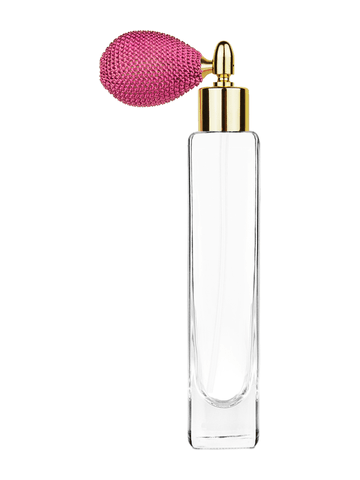 Slim design 100 ml, 3 1/2oz  clear glass bottle  with pink vintage style bulb sprayer with shiny gold collar cap.