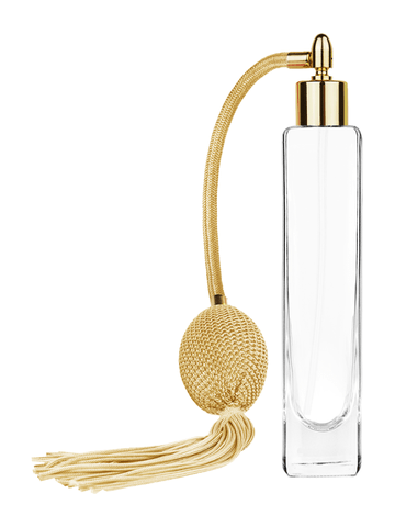 Slim design 100 ml, 3 1/2oz  clear glass bottle  with Gold vintage style bulb sprayer with tassel with shiny gold collar cap.