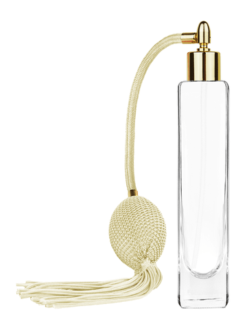 Slim design 100 ml, 3 1/2oz  clear glass bottle  with Ivory vintage style bulb sprayer with tassel with shiny gold collar cap.