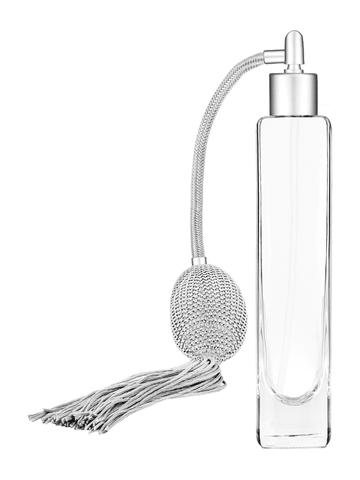 Slim design 100 ml, 3 1/2oz  clear glass bottle  with Silver vintage style bulb sprayer with tassel with matte silver collar cap.