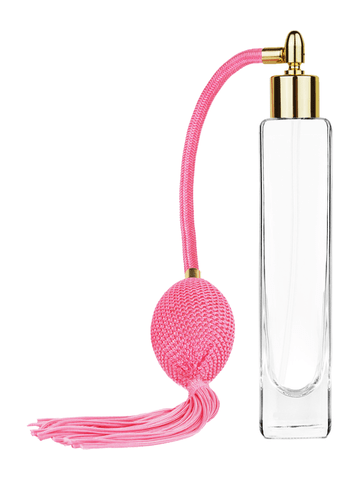 Slim design 100 ml, 3 1/2oz  clear glass bottle  with Pink vintage style bulb sprayer with tassel with shiny gold collar cap.