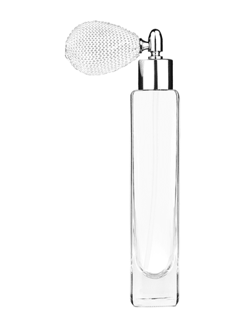 Slim design 100 ml, 3 1/2oz  clear glass bottle  with white vintage style bulb sprayer with shiny silver collar cap.