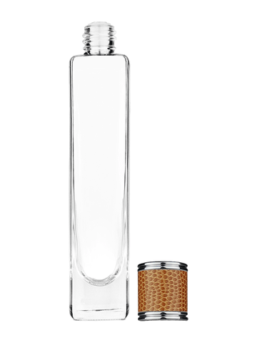 Slim design 100 ml, 3 1/2oz  clear glass bottle  with reducer and brown faux leather cap.