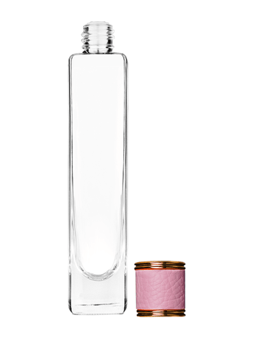 Slim design 100 ml, 3 1/2oz  clear glass bottle  with reducer with pink faux leather cap.