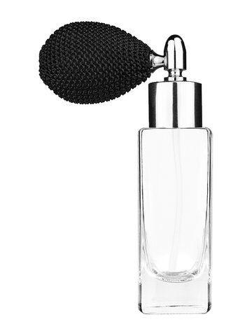Slim design 30 ml, 1oz  clear glass bottle  with black vintage style bulb sprayer with shiny silver collar cap.