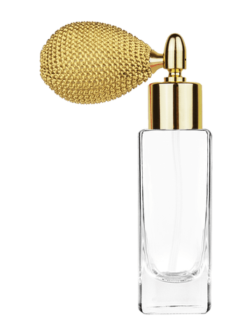 Slim design 30 ml, 1oz  clear glass bottle  with gold vintage style sprayer with shiny gold collar cap.