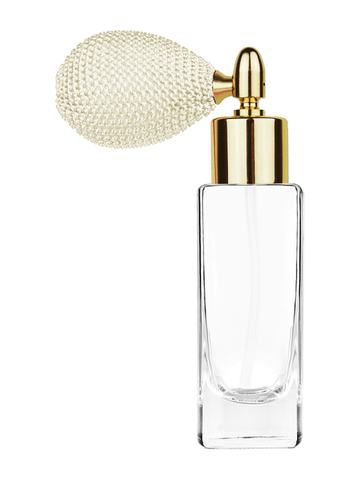 Slim design 30 ml, 1oz  clear glass bottle  with ivory vintage style bulb sprayer with shiny gold collar cap.