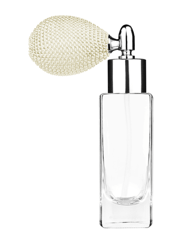Slim design 30 ml, 1oz  clear glass bottle  with ivory vintage style bulb sprayer with shiny silver collar cap.