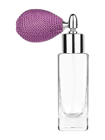 Slim design 30 ml, 1oz  clear glass bottle  with lavender vintage style bulb sprayer with shiny silver collar cap.