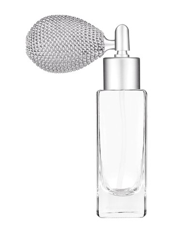 Slim design 30 ml, 1oz  clear glass bottle  with matte silver vintage style sprayer with matte silver collar cap.