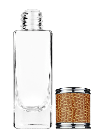 Slim design 30 ml, 1oz  clear glass bottle  with reducer and brown faux leather cap.