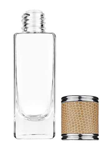 Slim design 30 ml, 1oz  clear glass bottle  with reducer and light brown faux leather cap.