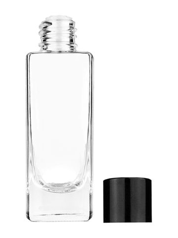 Slim design 30 ml, 1oz  clear glass bottle  with reducer and black shiny cap.