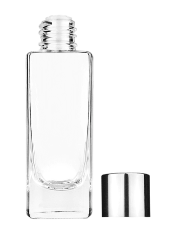 Slim design 30 ml, 1oz  clear glass bottle  with reducer and shiny silver cap.